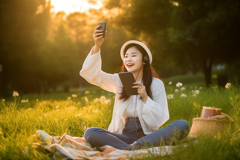 美女室外野餐戴着耳机自拍,高清,摄影图,摄影图片,图片大全,摄影图免费下载